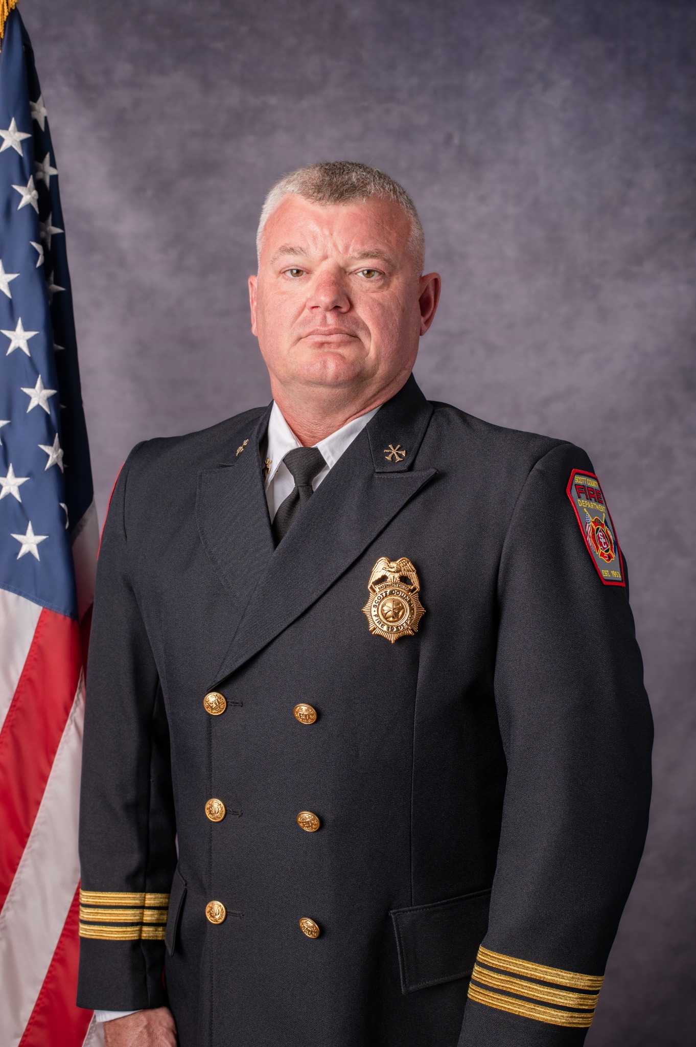 Battalion Chief Fabian Shields in Scott County Fire Department dress uniform